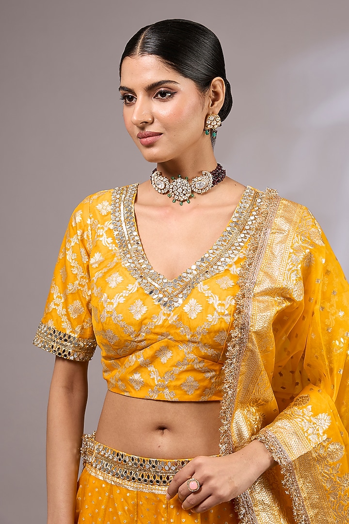 Yellow Organza Banarasi Hand Embroidered Wedding Lehenga Set by Priyanka Jha at Pernia's Pop Up Shop