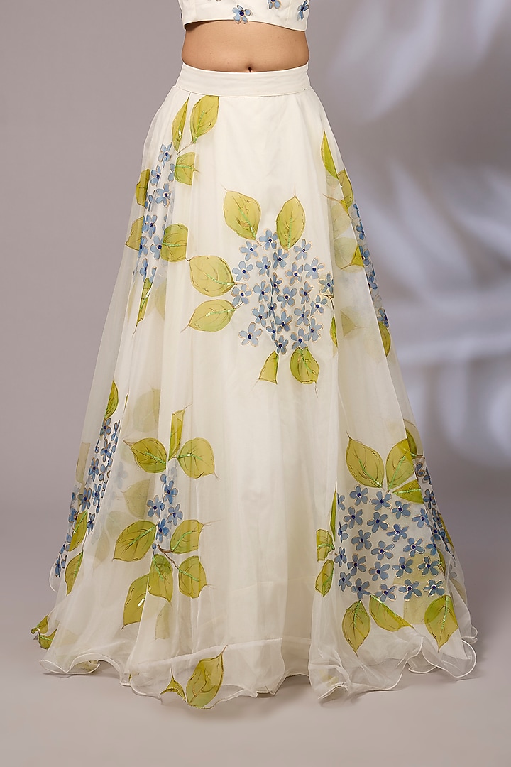 Off-White Organza Hand Painted & Hand Embroidered Wedding Lehenga Set by Priyanka Jha at Pernia's Pop Up Shop