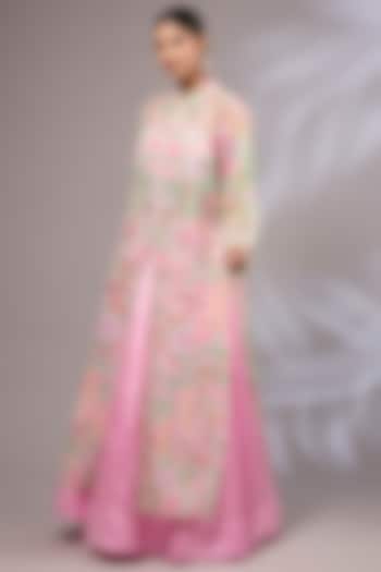 Baby Pink Pure Silk Organza Hand Painted & Hand Embroidered Jacket Wedding Lehenga Set by Priyanka Jha at Pernia's Pop Up Shop