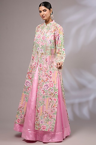 Baby Pink Pure Silk Organza Hand Painted & Hand Embroidered Jacket Lehenga Set by Priyanka Jha