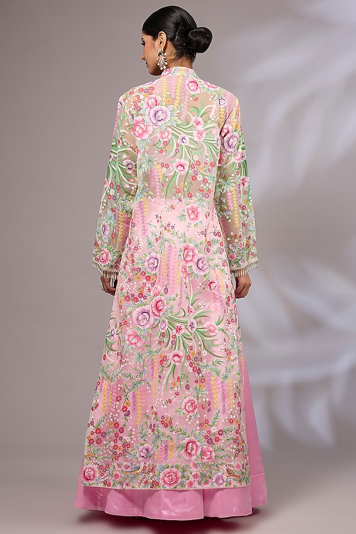 Baby Pink Pure Silk Organza Hand Painted & Hand Embroidered Jacket Wedding Lehenga Set by Priyanka Jha at Pernia's Pop Up Shop