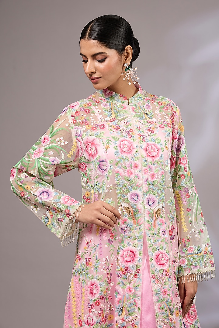 Baby Pink Pure Silk Organza Hand Painted & Hand Embroidered Jacket Wedding Lehenga Set by Priyanka Jha at Pernia's Pop Up Shop
