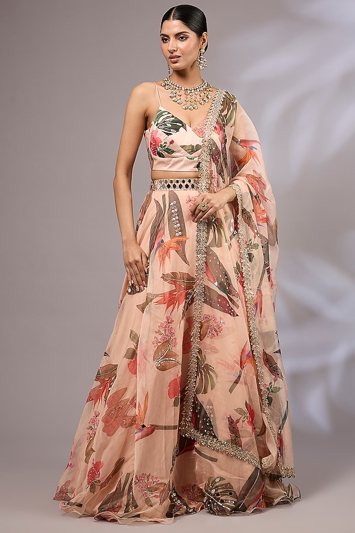 Light Peach Net Printed & Hand Painted Wedding Lehenga Set by Priyanka Jha at Pernia's Pop Up Shop