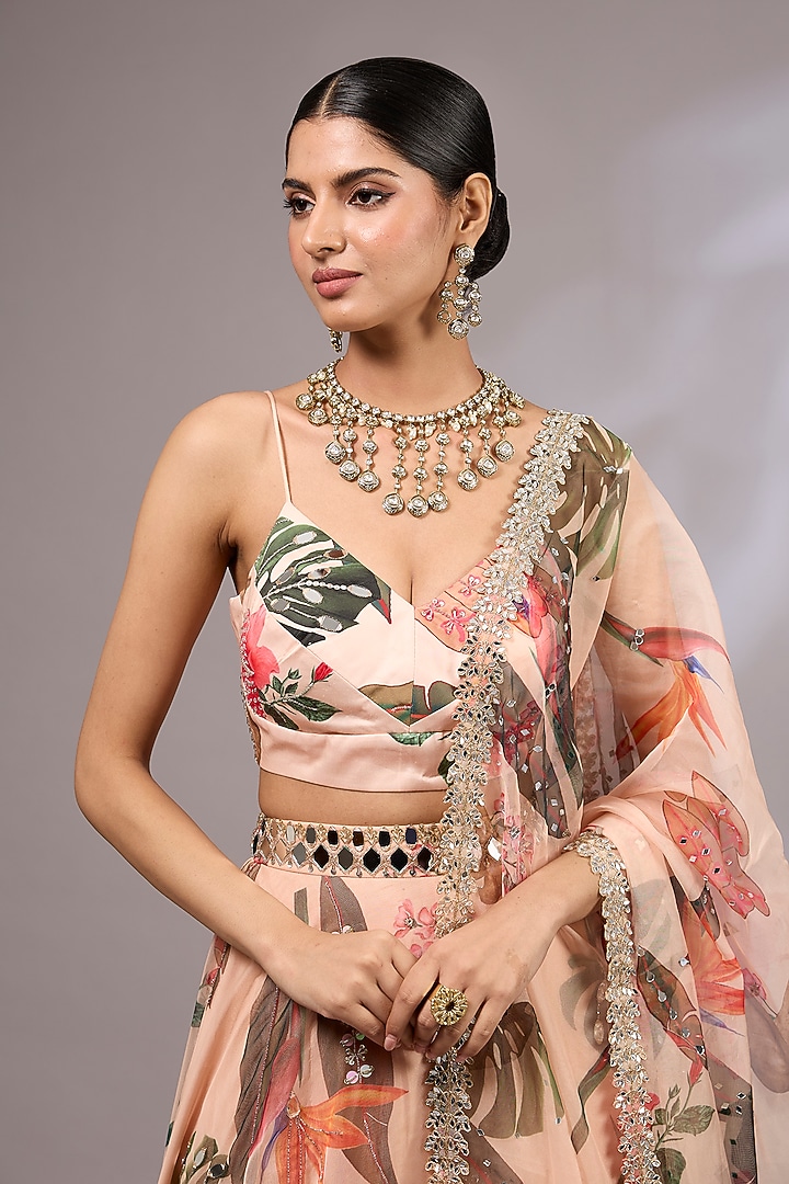 Light Peach Net Printed & Hand Painted Wedding Lehenga Set by Priyanka Jha at Pernia's Pop Up Shop