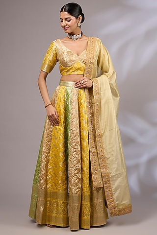 Yellow Pure Silk Satin Handwoven Banarasi Lehenga Set by Priyanka Jha
