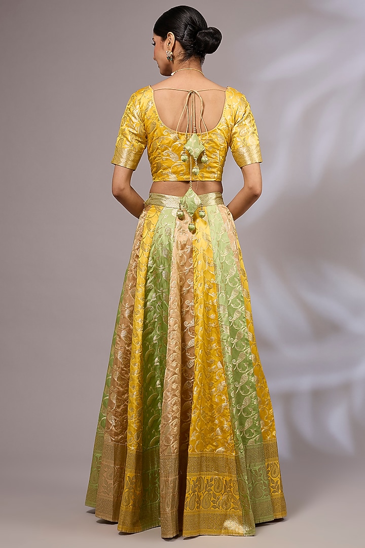 Yellow Pure Silk Satin Handwoven Banarasi Wedding Lehenga Set by Priyanka Jha at Pernia's Pop Up Shop
