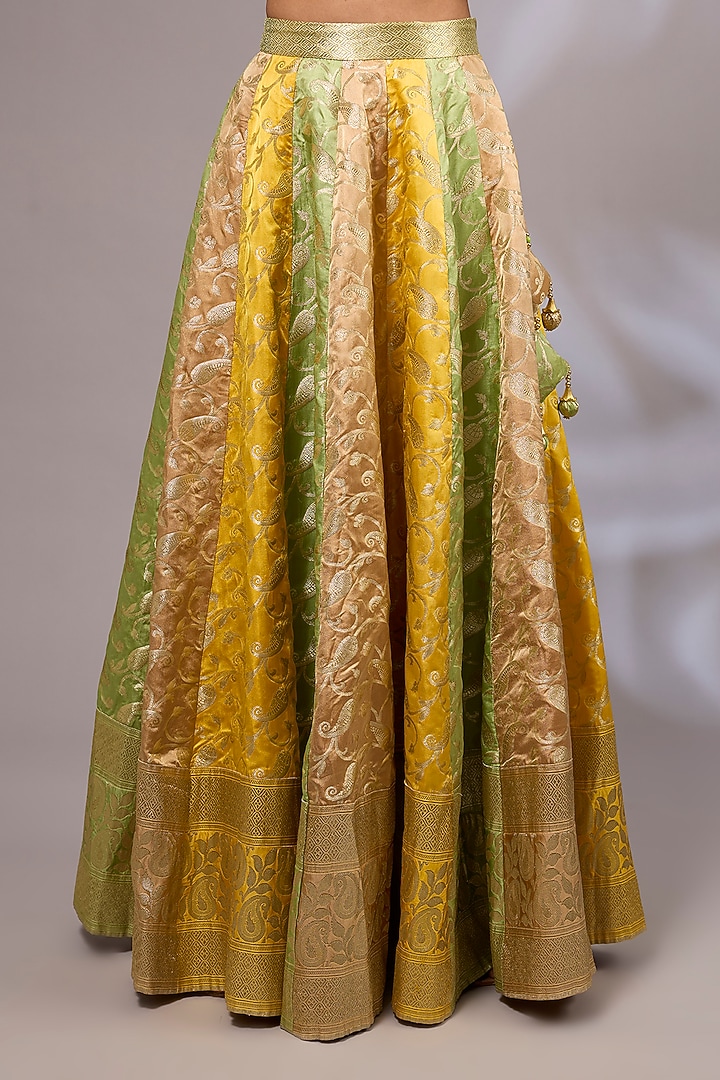 Yellow Pure Silk Satin Handwoven Banarasi Wedding Lehenga Set by Priyanka Jha at Pernia's Pop Up Shop