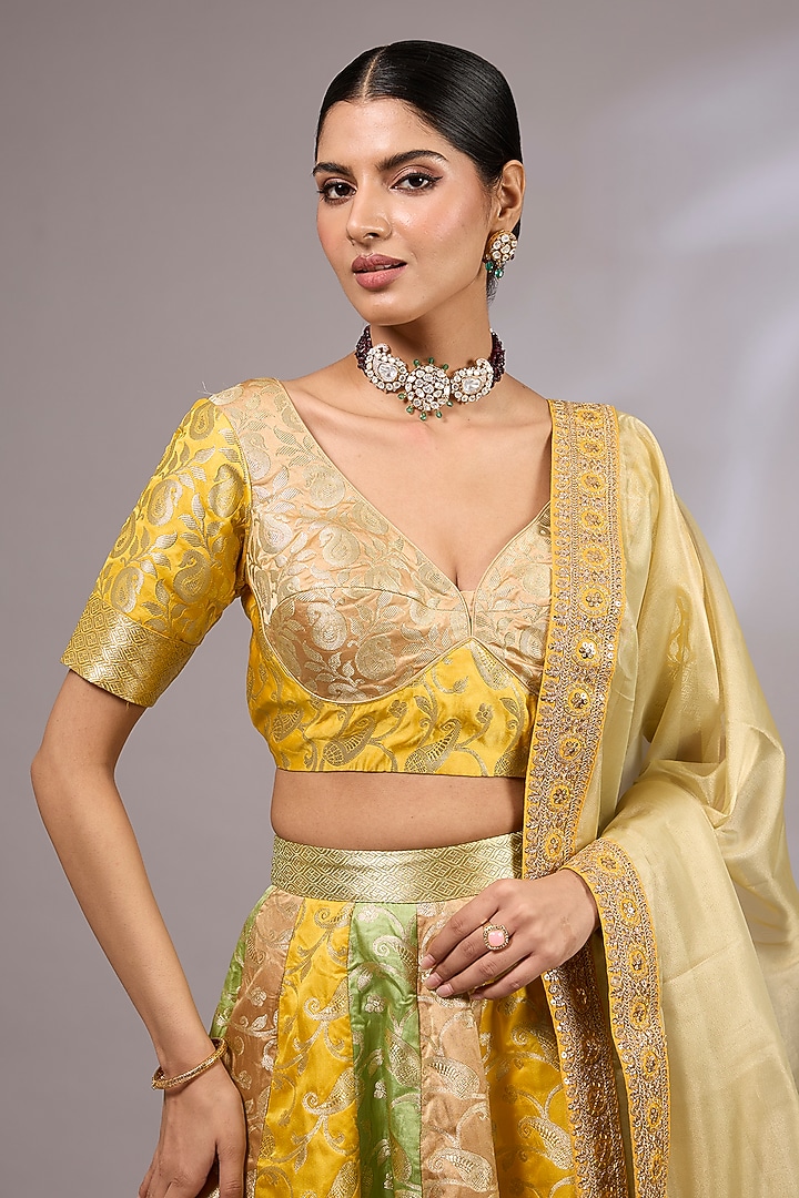 Yellow Pure Silk Satin Handwoven Banarasi Wedding Lehenga Set by Priyanka Jha at Pernia's Pop Up Shop