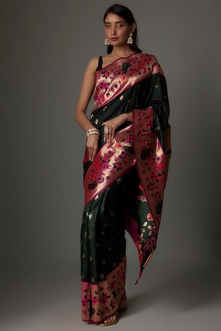 Dark Green Blended Silk Paithani Saree Set by Priyanka Jha