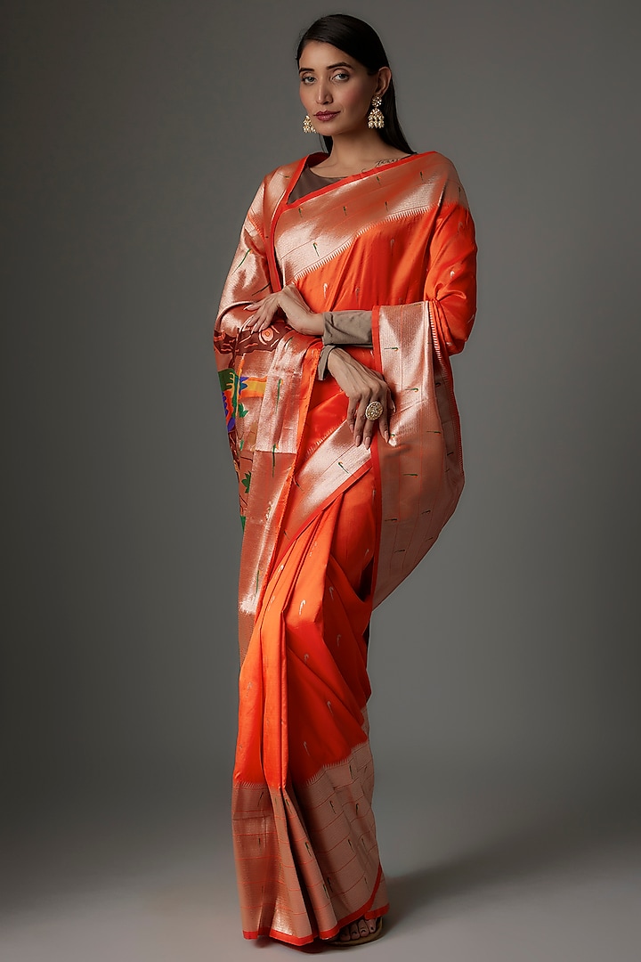 Bright Orange Blended Silk Paithani Saree Set by Priyanka Jha at Pernia's Pop Up Shop