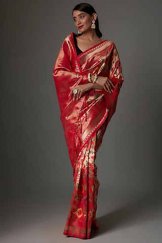 Red Brocade Banarasi Saree Set by Priyanka Jha