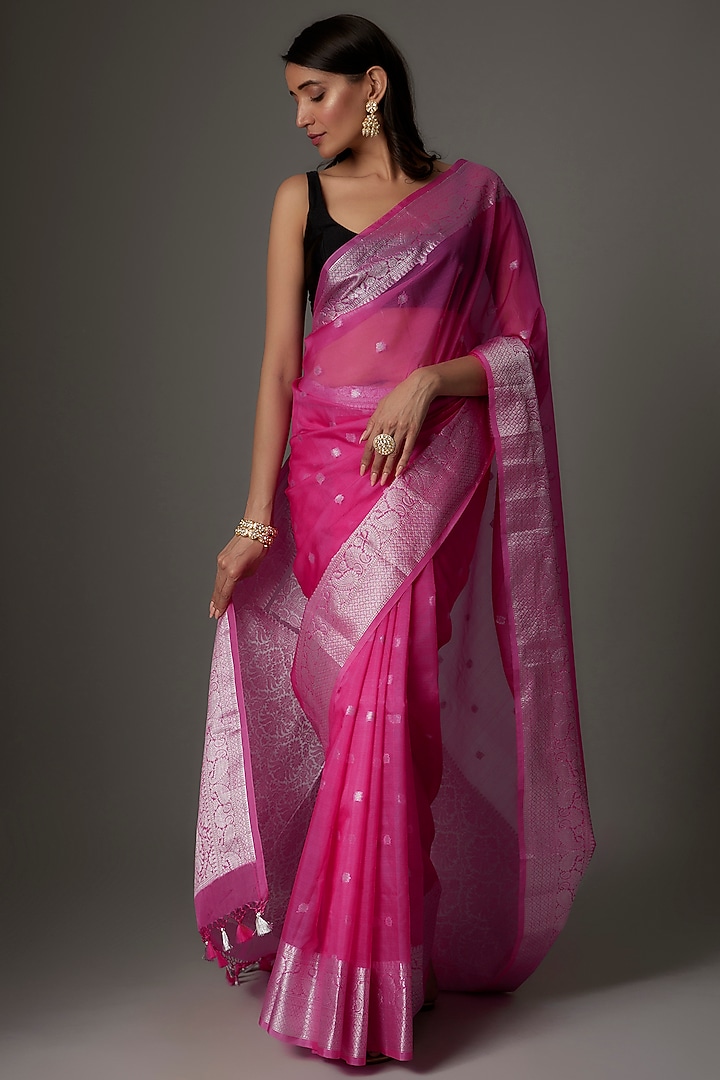 Hot Pink Organza Festive Saree Set by Priyanka Jha at Pernia's Pop Up Shop