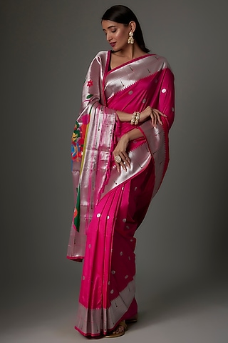 Fuchsia Pink Blended Silk Paithani Saree Set by Priyanka Jha
