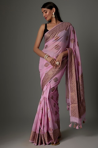 Pink Linen Silk Banarasi Saree Set by Priyanka Jha