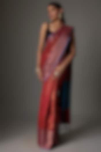 Red Soft Silk Jacquard Festive Saree Set by Priyanka Jha at Pernia's Pop Up Shop