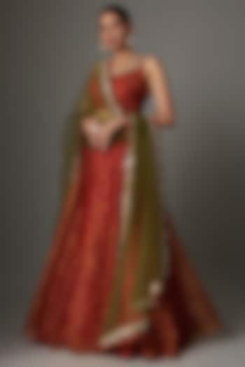 Red Organza Silk Ajrakh Printed Lehenga Set by Priyanka Jha at Pernia's Pop Up Shop