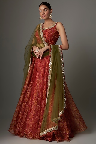 Red Organza Silk Ajrakh Printed Lehenga Set by Priyanka Jha