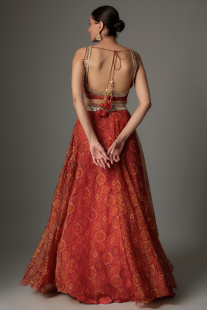 Red Organza Silk Ajrakh Printed Lehenga Set by Priyanka Jha at Pernia's Pop Up Shop