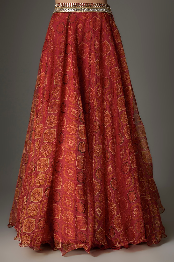 Red Organza Silk Ajrakh Printed Lehenga Set by Priyanka Jha at Pernia's Pop Up Shop