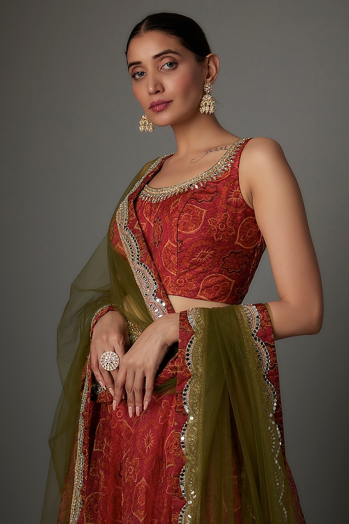 Red Organza Silk Ajrakh Printed Lehenga Set by Priyanka Jha at Pernia's Pop Up Shop