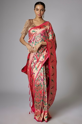 Multi-Colored Blended Silk Banarasi Saree Set by Priyanka Jha