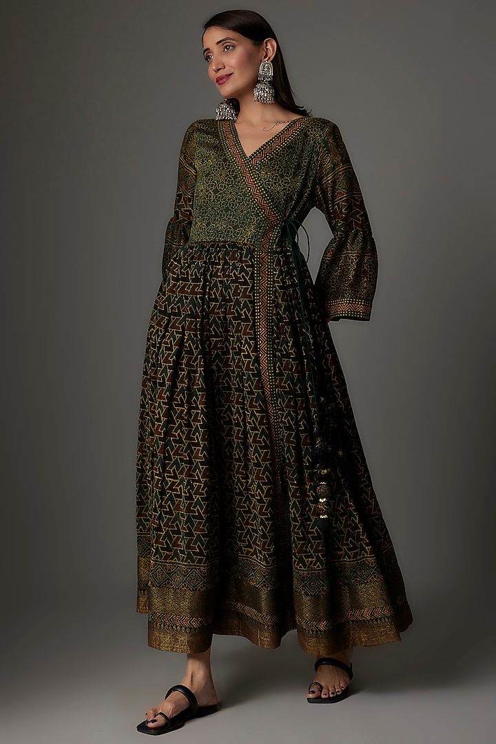 Olive Green Pure Chanderi Angrakha Kurta Set by Priyanka Jha at Pernia's Pop Up Shop