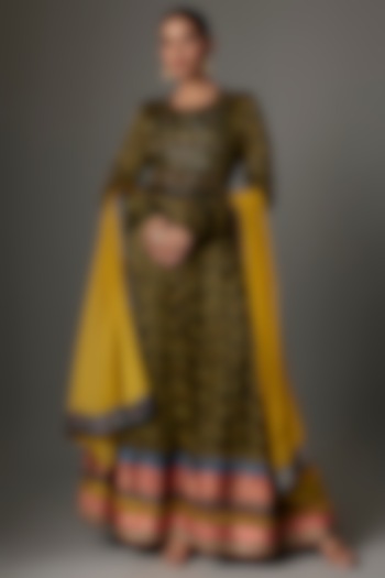 Olive Green Modal Silk Hand Embroidered Ajrakh Party Wear Anarkali Set by Priyanka Jha at Pernia's Pop Up Shop
