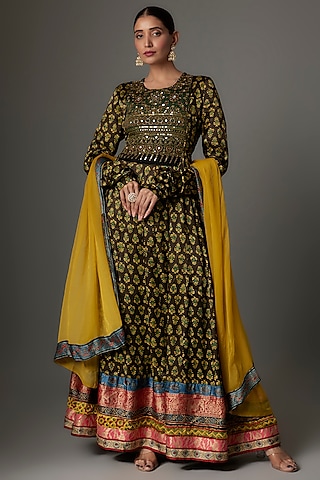 Olive Green Modal Silk Hand Embroidered Ajrakh Anarkali Set by Priyanka Jha