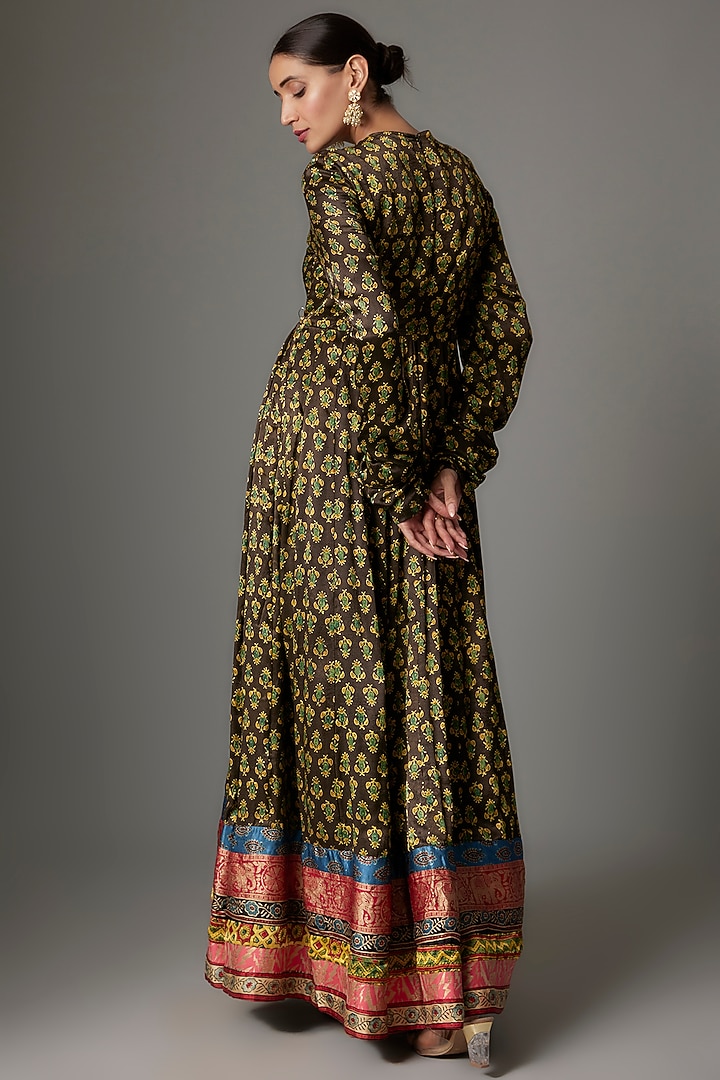 Olive Green Modal Silk Hand Embroidered Ajrakh Party Wear Anarkali Set by Priyanka Jha at Pernia's Pop Up Shop