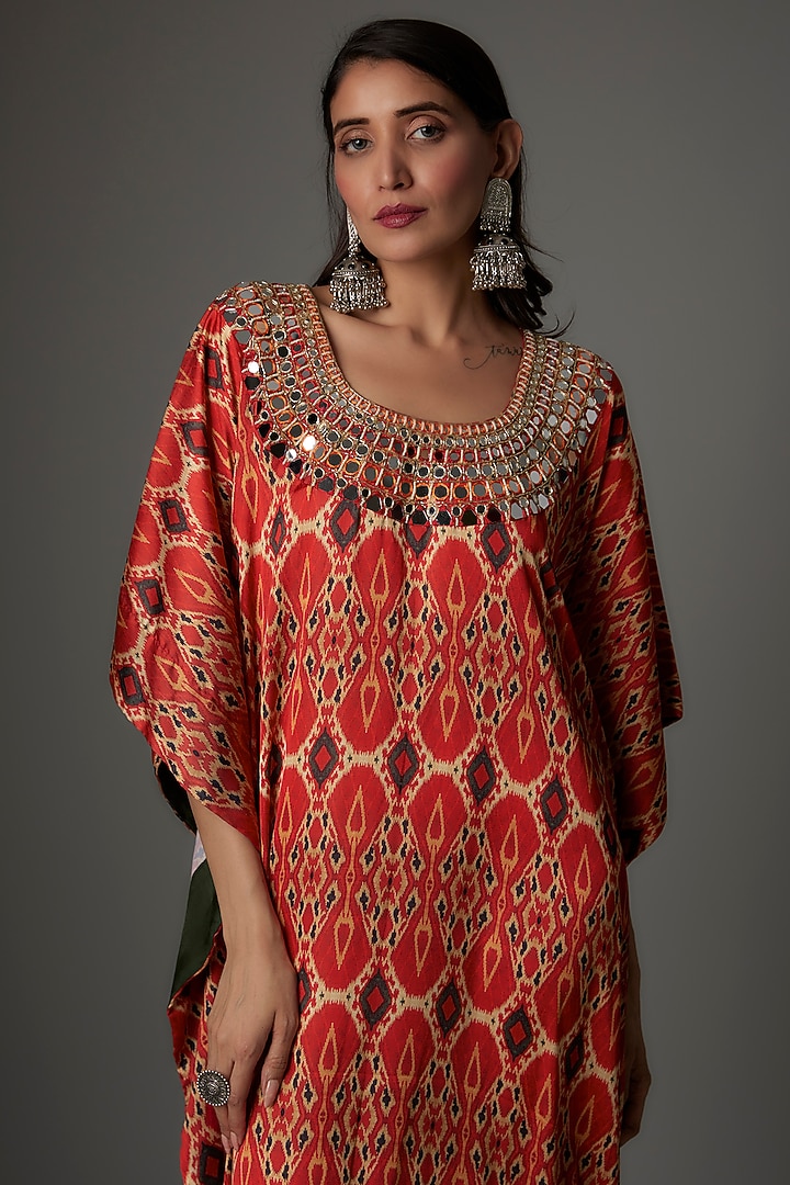 Bright Orange Satin Silk Hand Embroidered Kaftan by Priyanka Jha at Pernia's Pop Up Shop