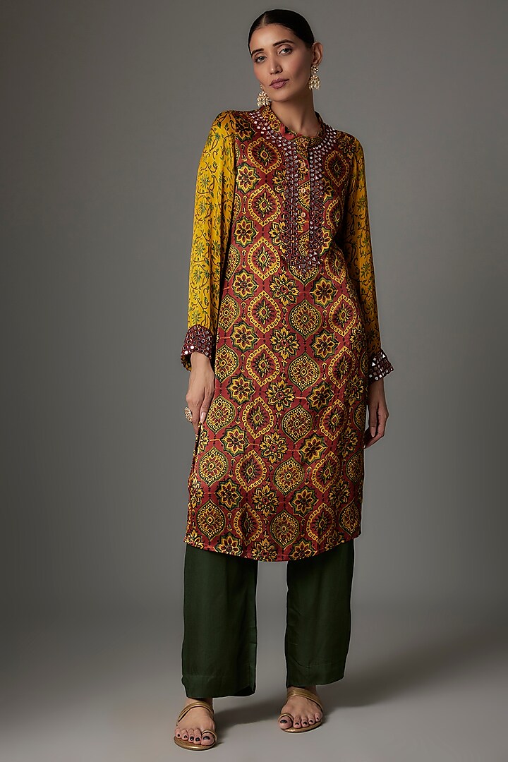 Multi-Colored Modal Silk Block Printed Kurta Set by Priyanka Jha at Pernia's Pop Up Shop