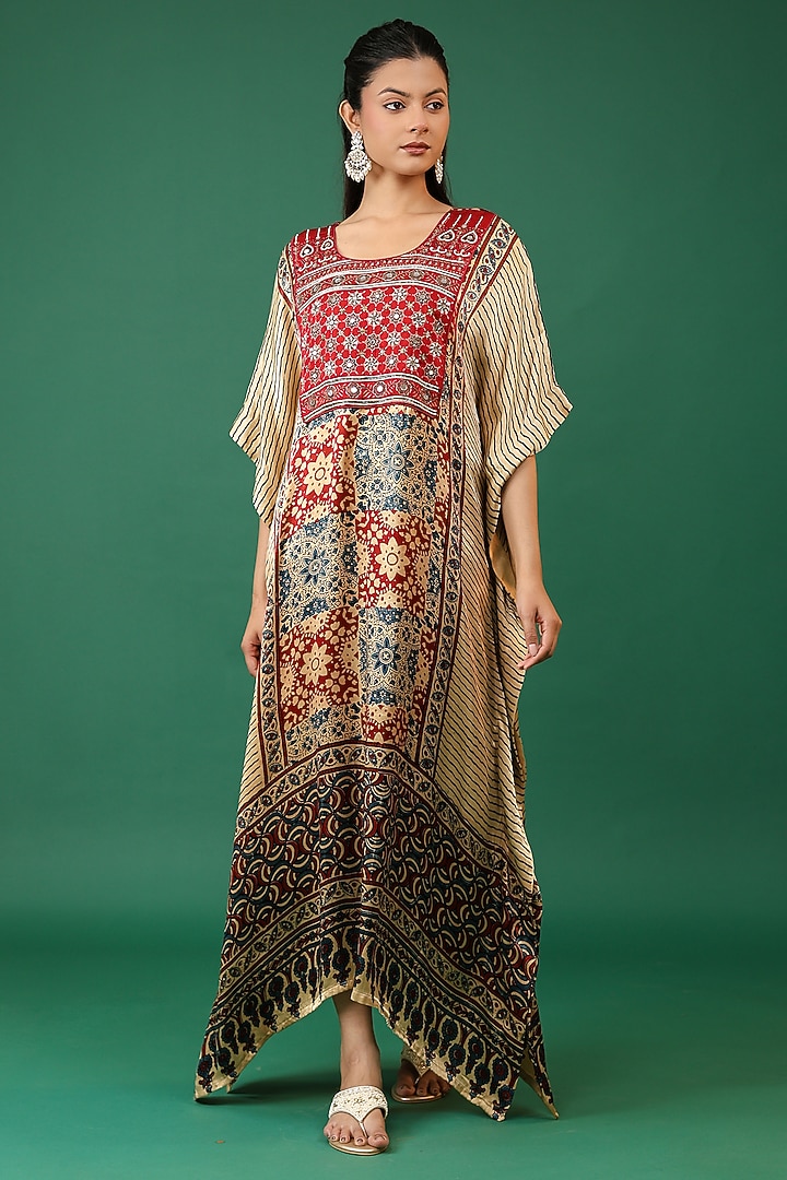Maroon Modal Silk Ajrakh Hand Block Printed Kaftan by Priyanka Jha at Pernia's Pop Up Shop