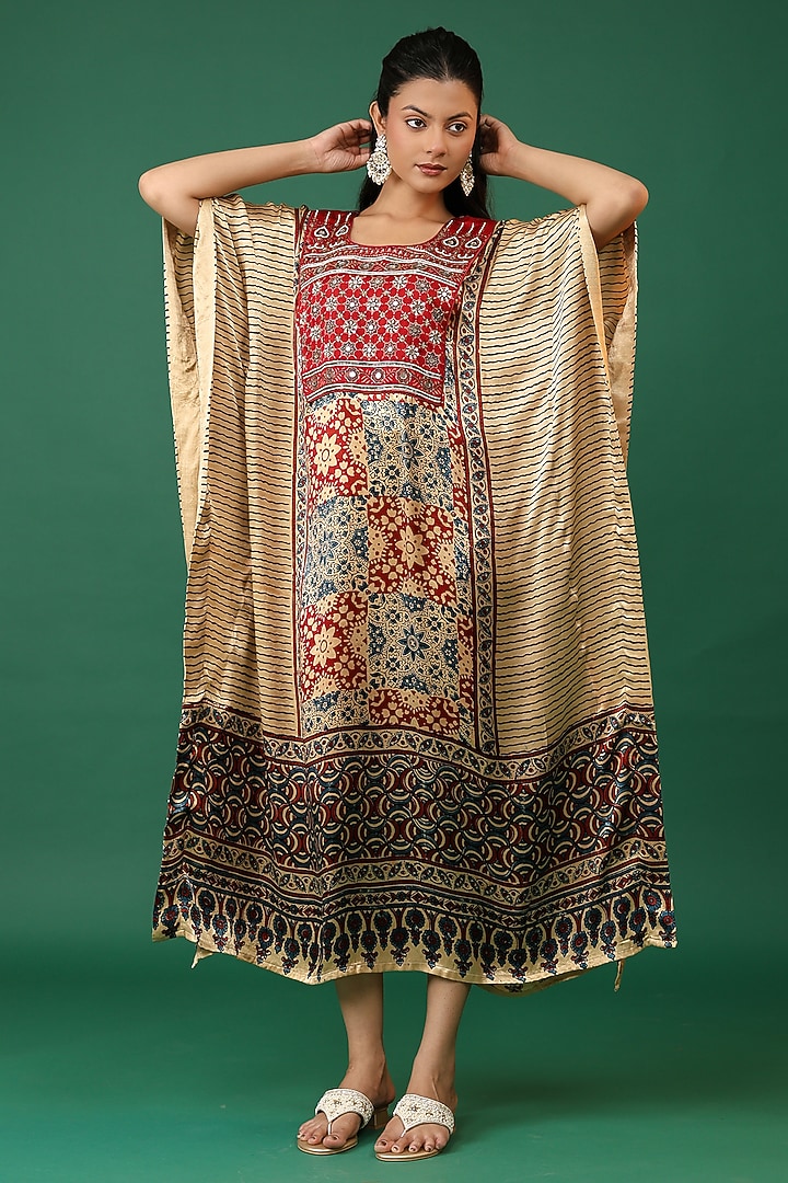 Maroon Modal Silk Ajrakh Hand Block Printed Kaftan by Priyanka Jha at Pernia's Pop Up Shop
