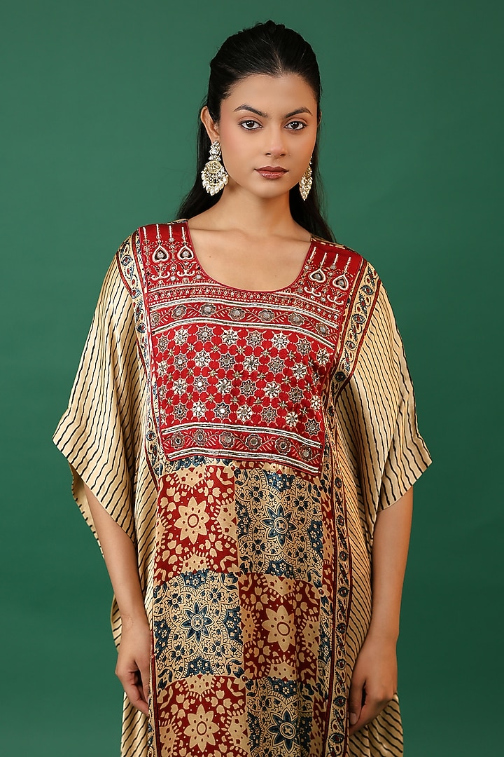 Maroon Modal Silk Ajrakh Hand Block Printed Kaftan by Priyanka Jha at Pernia's Pop Up Shop