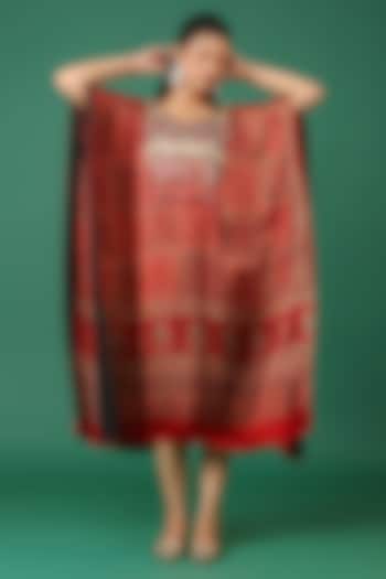 Maroon Modal Silk Hand Block Printed Kaftan by Priyanka Jha at Pernia's Pop Up Shop