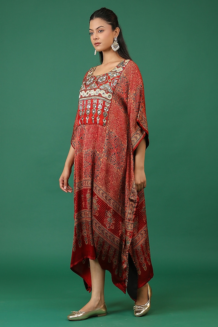 Maroon Modal Silk Hand Block Printed Kaftan by Priyanka Jha at Pernia's Pop Up Shop