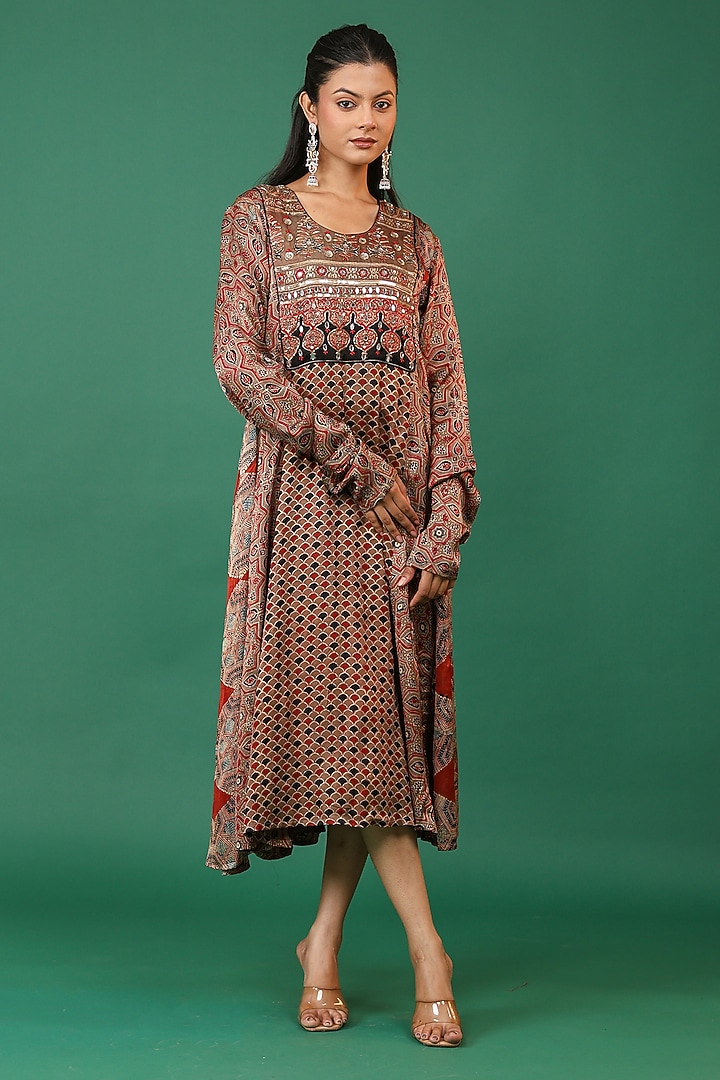Red Modal Silk Ajrakh Hand Block Printed Summer Dress by Priyanka Jha at Pernia's Pop Up Shop