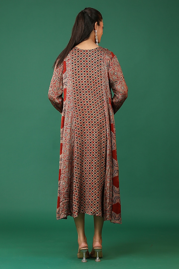 Red Modal Silk Ajrakh Hand Block Printed Summer Dress by Priyanka Jha at Pernia's Pop Up Shop