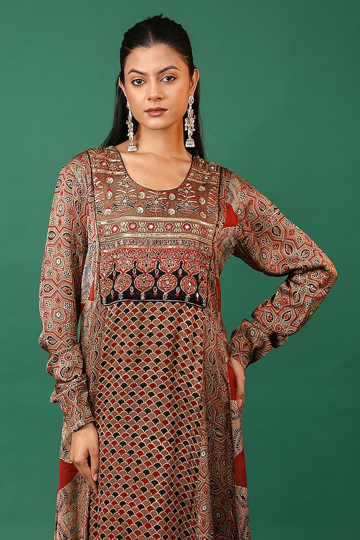 Red Modal Silk Ajrakh Hand Block Printed Summer Dress by Priyanka Jha at Pernia's Pop Up Shop