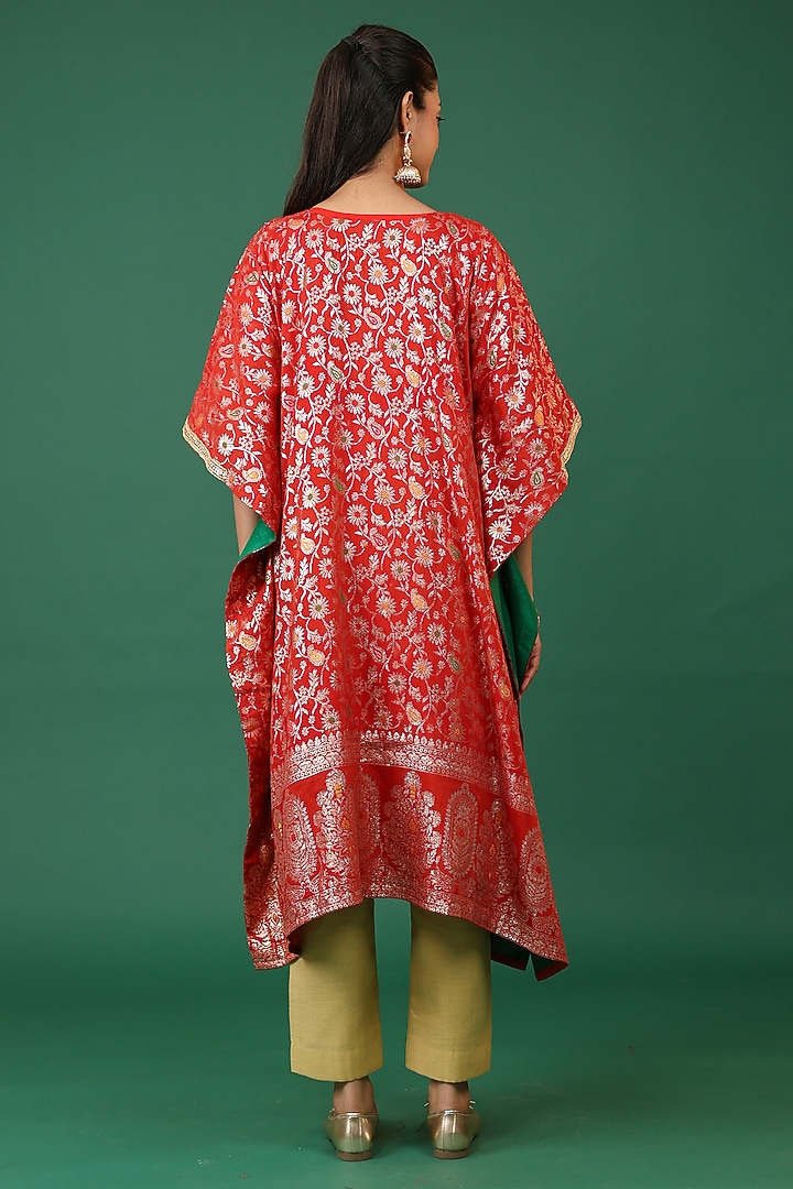 Red Banarasi & Dola Silk Embroidered Kaftan Set by Priyanka Jha at Pernia's Pop Up Shop
