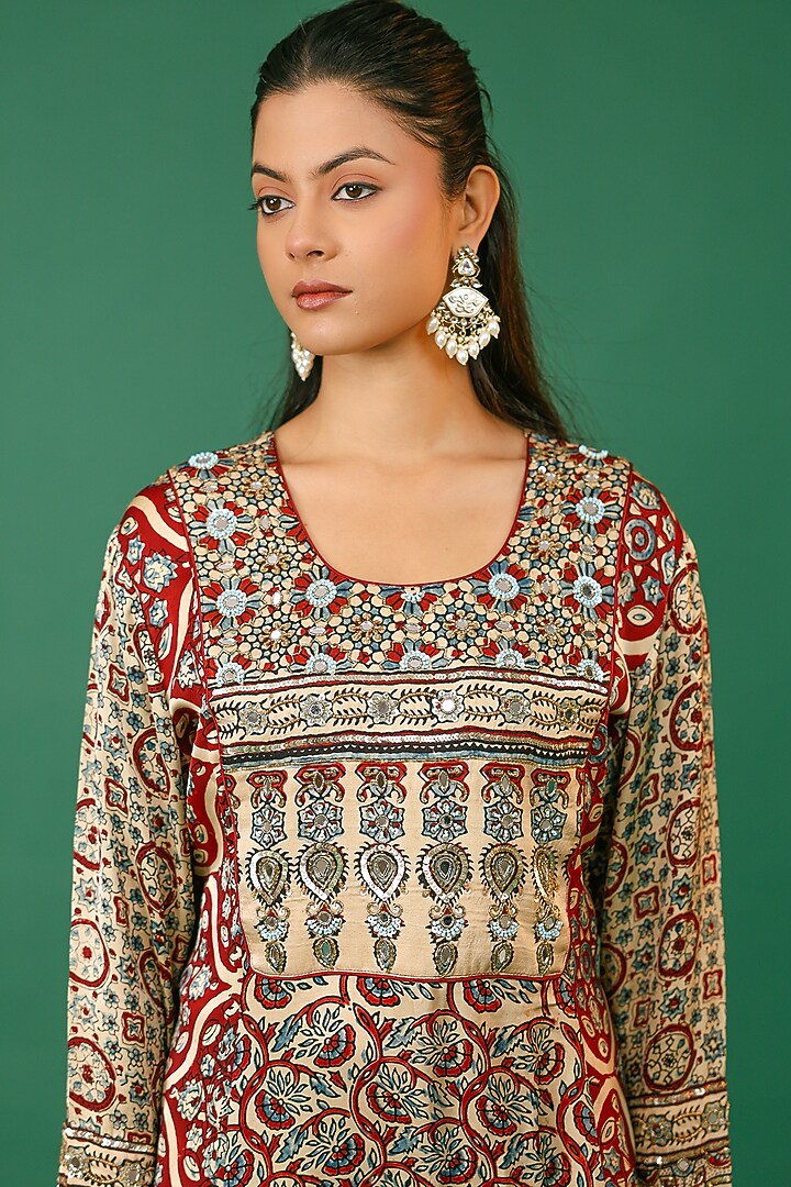 Maroon Modal Silk Ajrakh Hand Block Printed Summer Dress by Priyanka Jha at Pernia's Pop Up Shop
