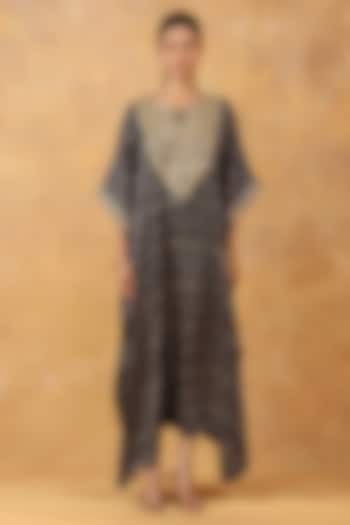 Black Modal Silk Ajrakh Hand Block Printed Kaftan by Priyanka Jha at Pernia's Pop Up Shop