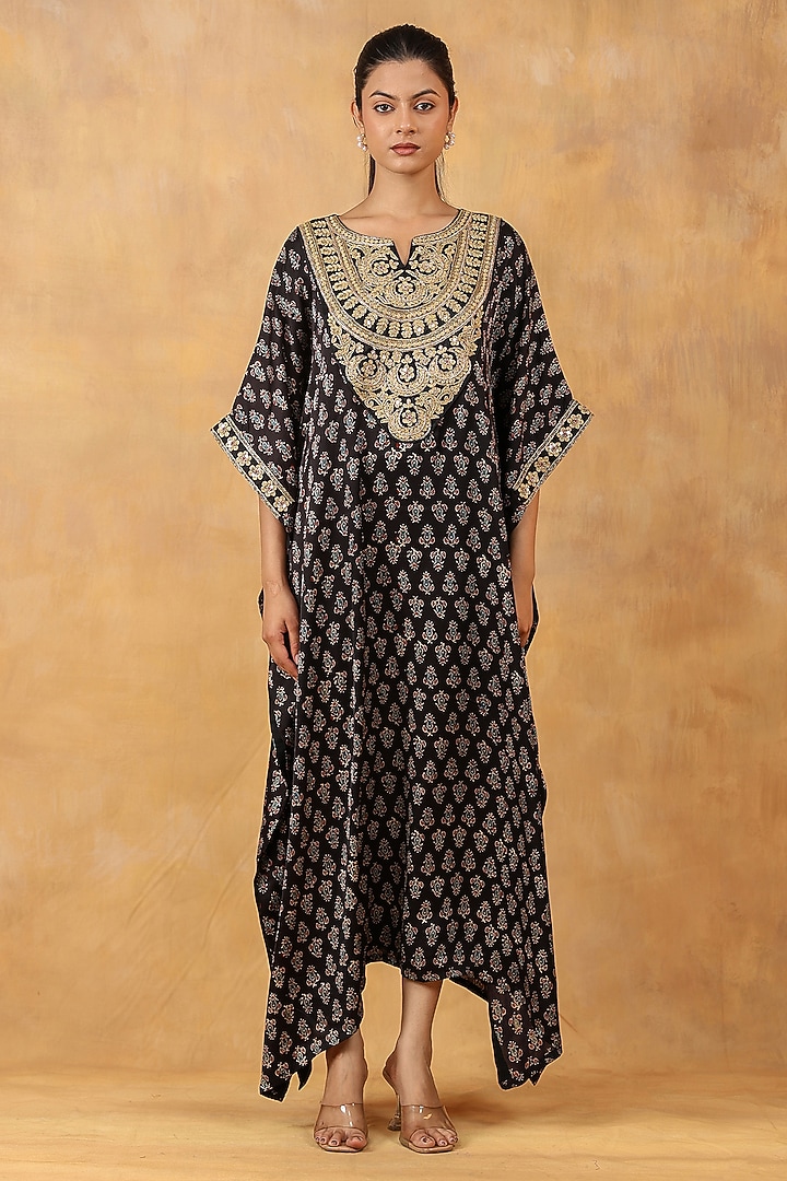 Black Modal Silk Ajrakh Hand Block Printed Kaftan by Priyanka Jha at Pernia's Pop Up Shop