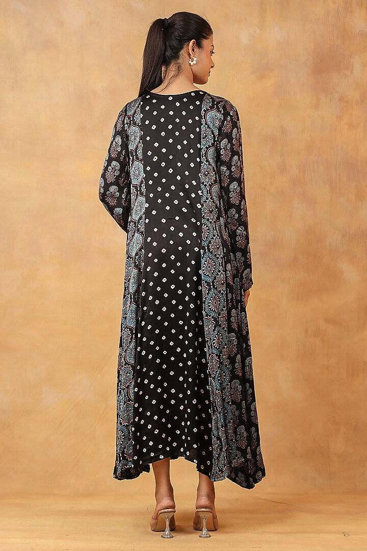 Black Silk Ajrakh Hand Block Printed Kaftan by Priyanka Jha at Pernia's Pop Up Shop