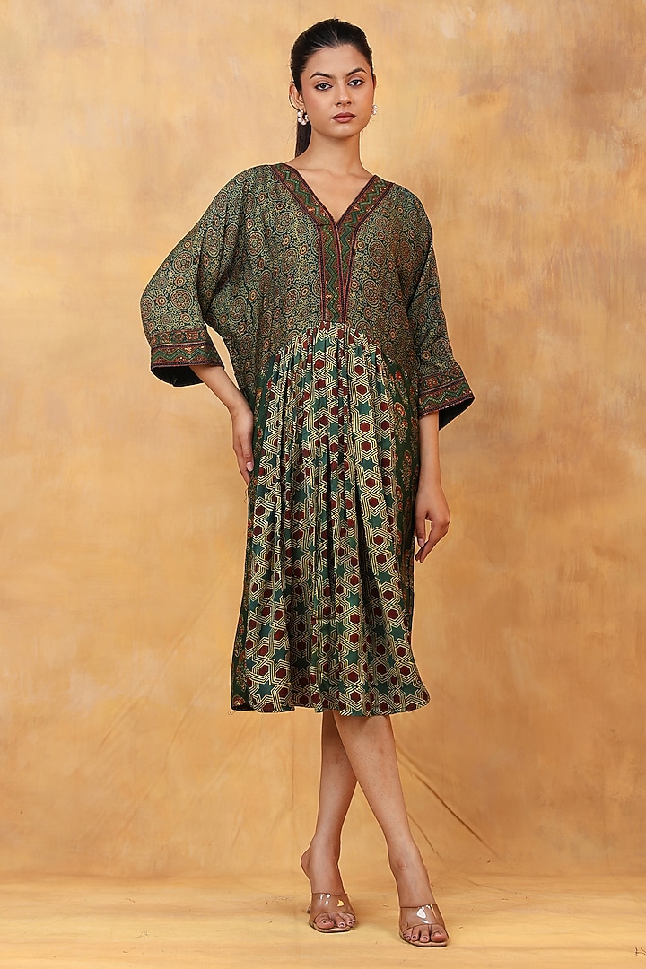  Green Modal Silk Ajrakh Hand Block Printed Summer Dress by Priyanka Jha at Pernia's Pop Up Shop