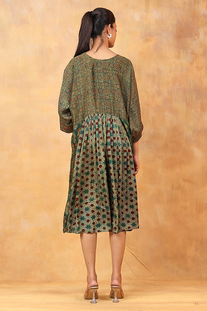  Green Modal Silk Ajrakh Hand Block Printed Summer Dress by Priyanka Jha at Pernia's Pop Up Shop