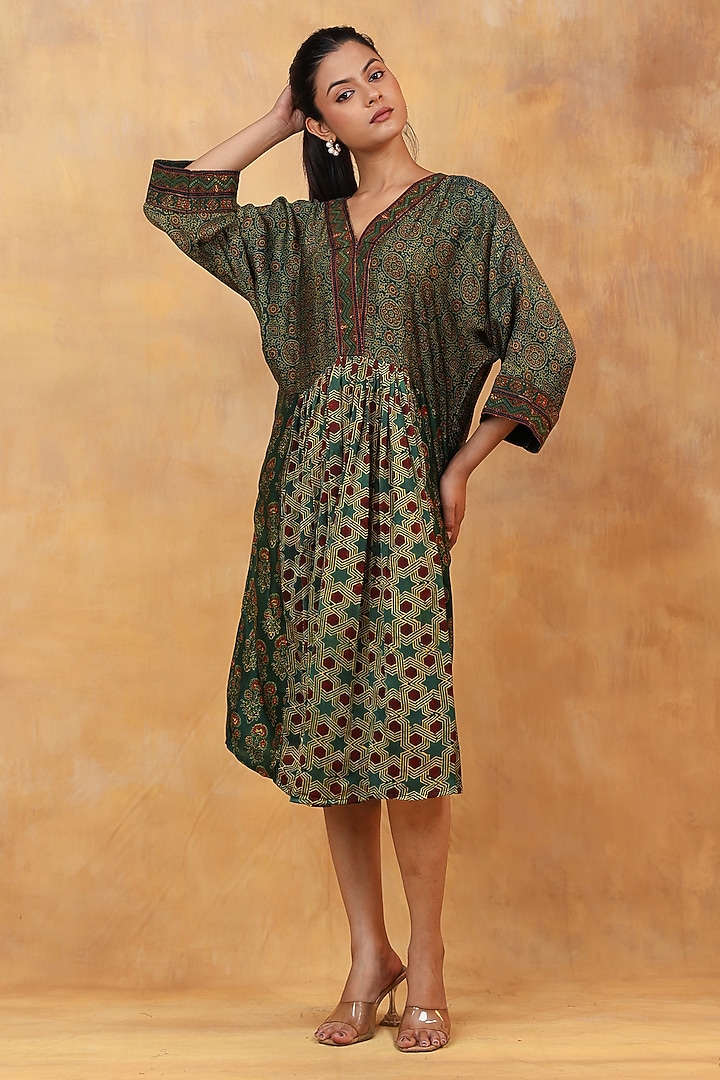  Green Modal Silk Ajrakh Hand Block Printed Summer Dress by Priyanka Jha at Pernia's Pop Up Shop