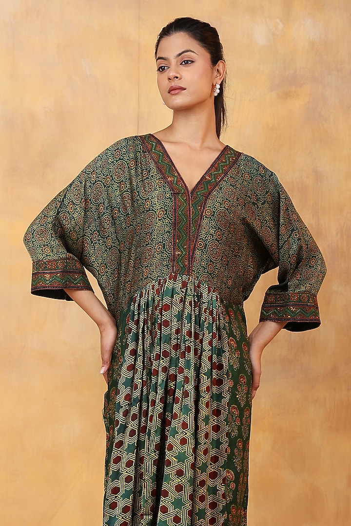  Green Modal Silk Ajrakh Hand Block Printed Summer Dress by Priyanka Jha at Pernia's Pop Up Shop