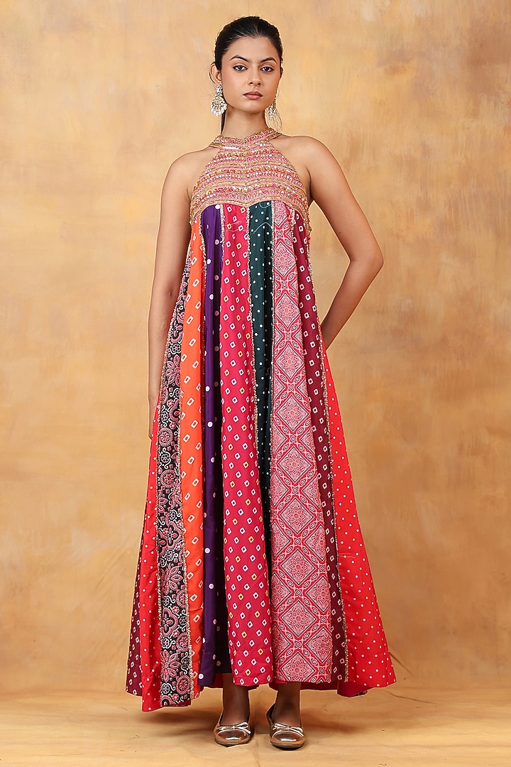 Multi-Colored Bandhani Hand Embroidered Maxi Vacation Dress by Priyanka Jha at Pernia's Pop Up Shop