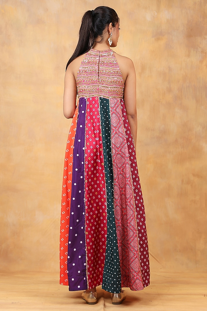 Multi-Colored Bandhani Hand Embroidered Maxi Vacation Dress by Priyanka Jha at Pernia's Pop Up Shop
